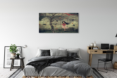 Obraz na płótnie Drzewo ptaki dziewczynka chmury skały