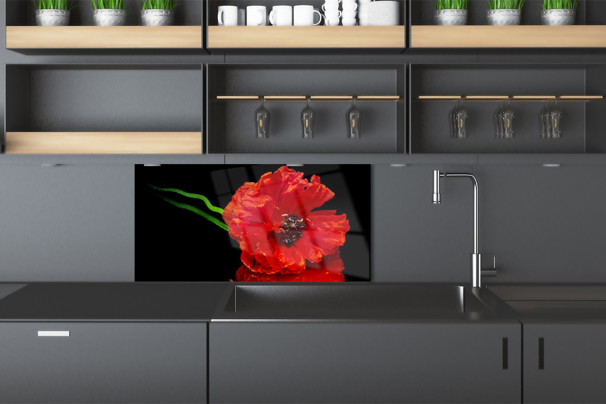 kuchnia z panelem czerwony kwiat na czarnym tle